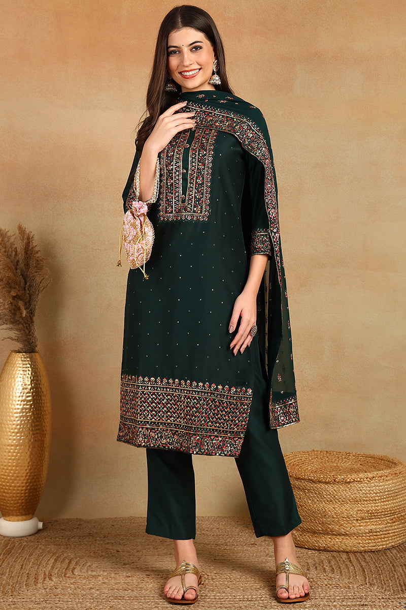 Green Silk Blend Solid Straight Suit Set | SHOBITAM