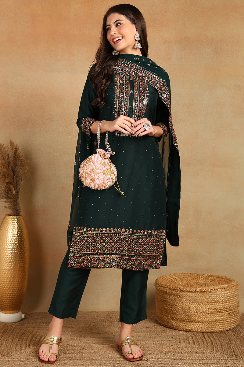 Green Silk Blend Solid Straight Suit Set | SHOBITAM