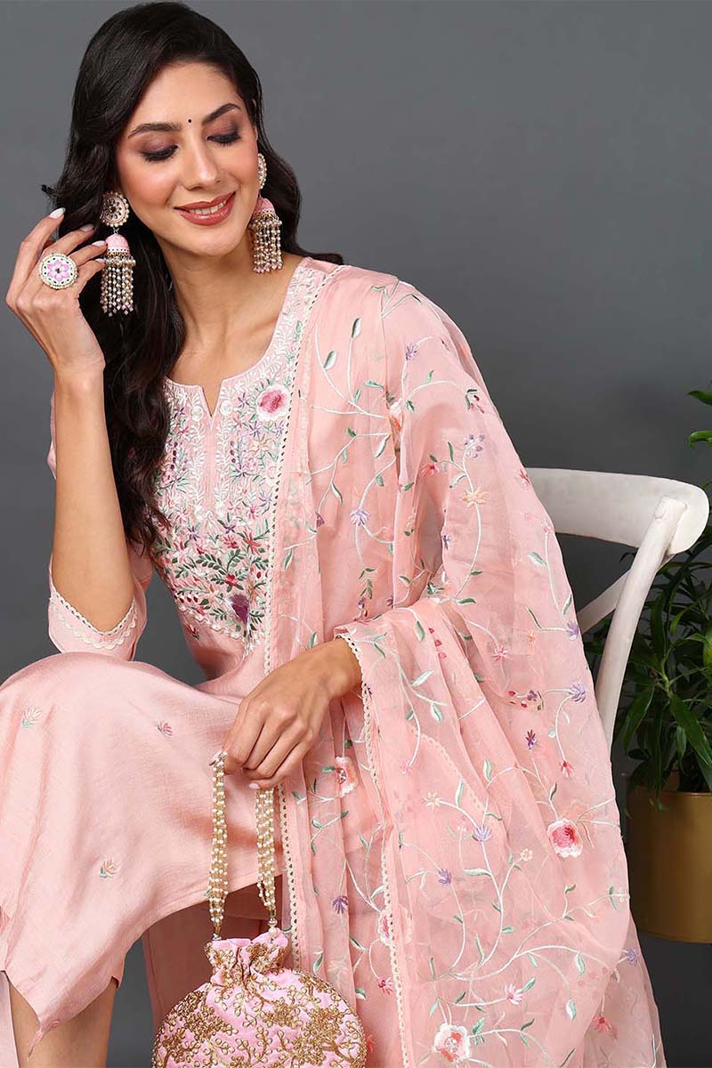 Pink Silk Blend Solid Embroidered Straight Suit Set | SHOBITAM