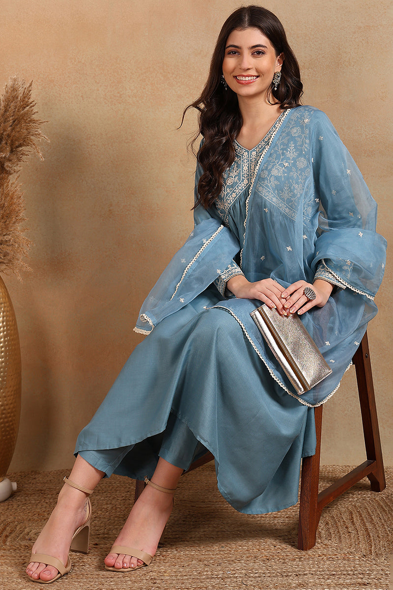 Blue Silk Blend Solid Embroidered Anarkali Suit Set | SHOBITAM