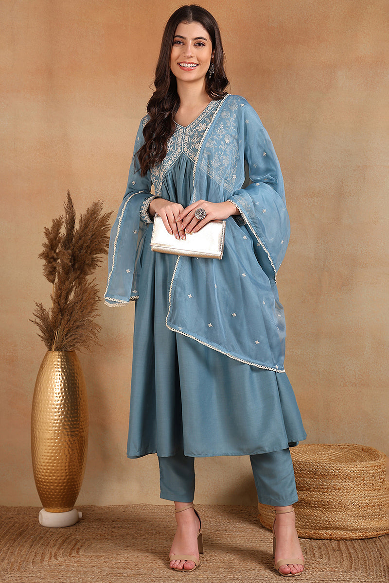 Blue Silk Blend Solid Embroidered Anarkali Suit Set | SHOBITAM