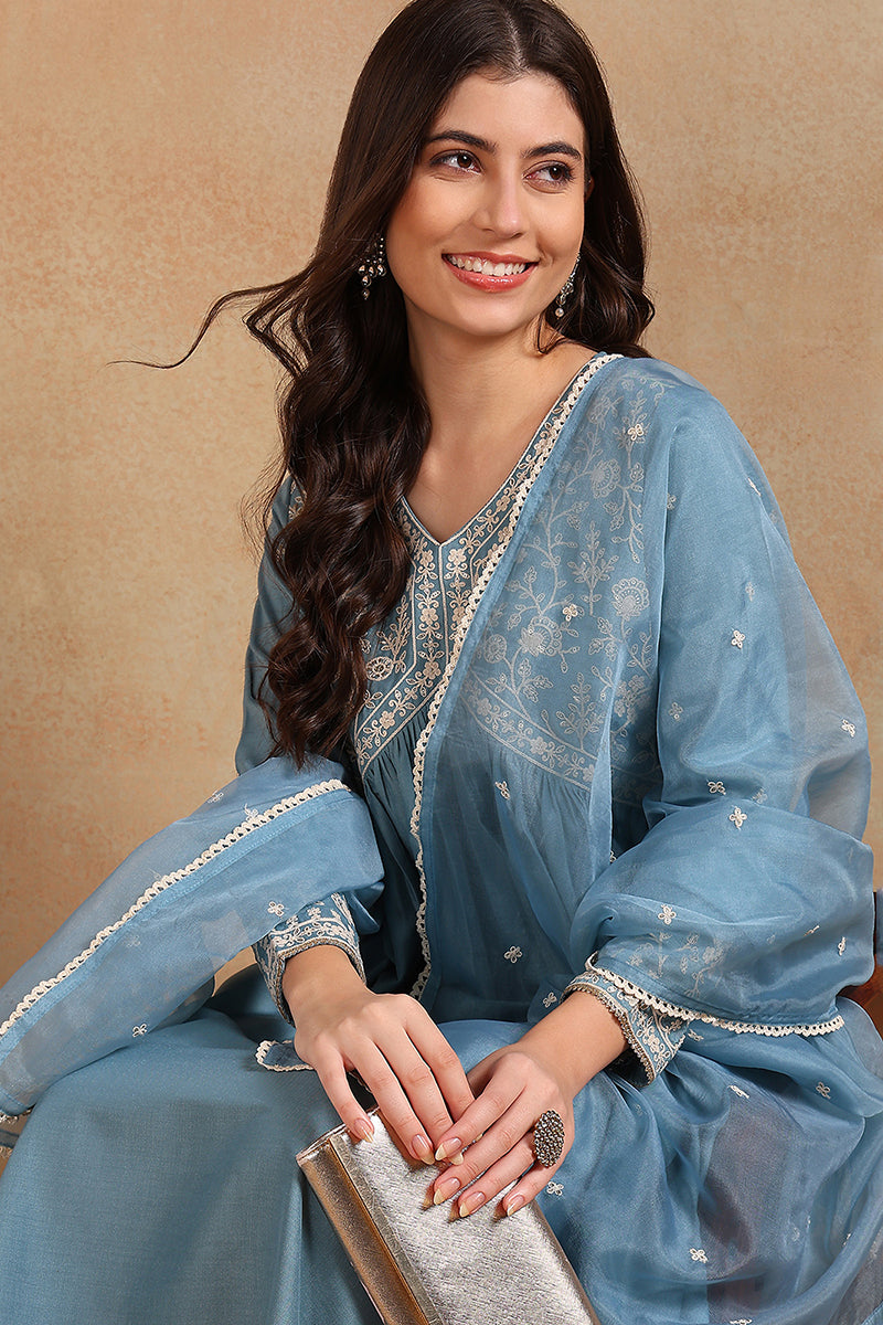 Blue Silk Blend Solid Embroidered Anarkali Suit Set | SHOBITAM