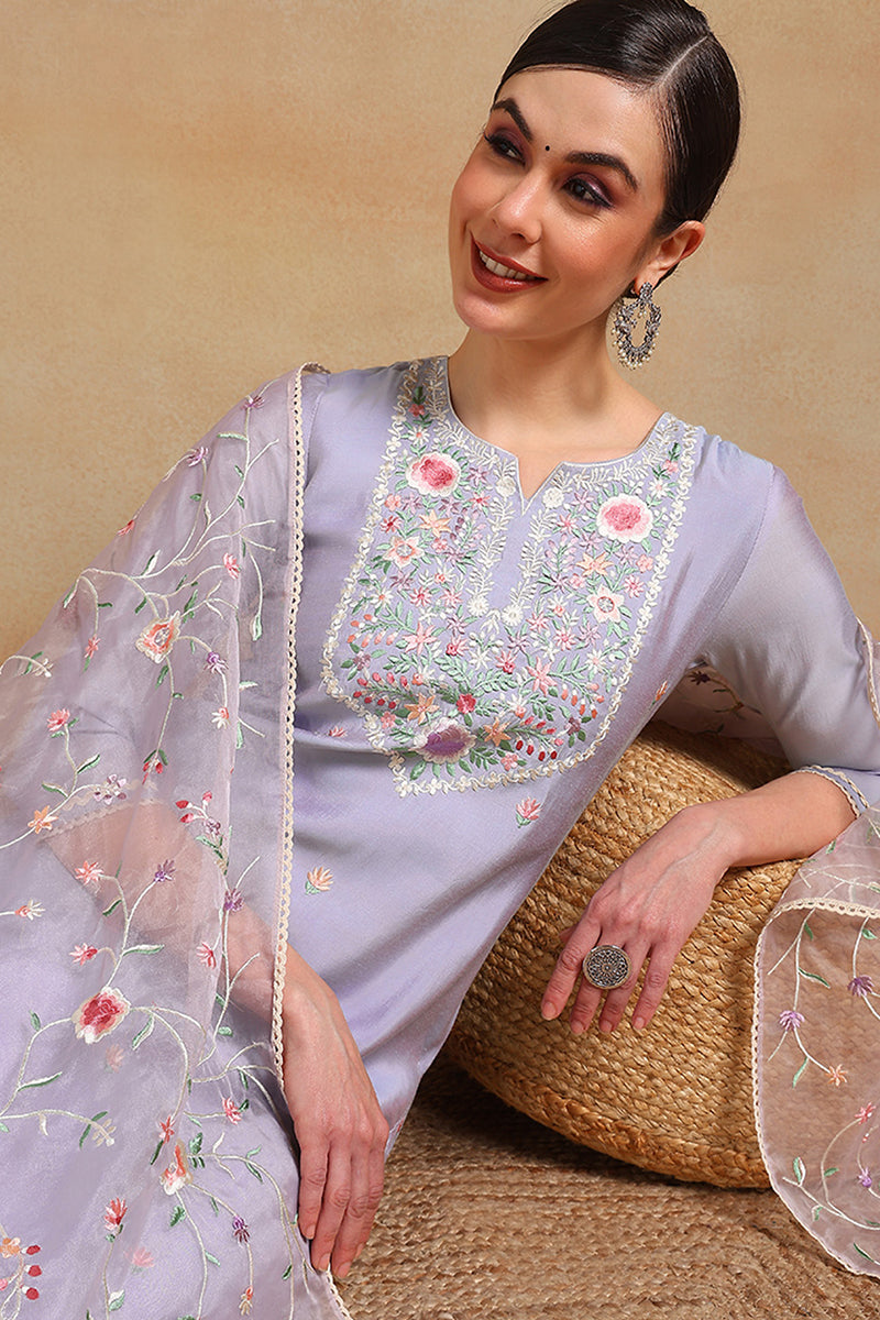 Purple Silk Blend Solid Embroidered Straight Regular Suit Set | SHOBITAM