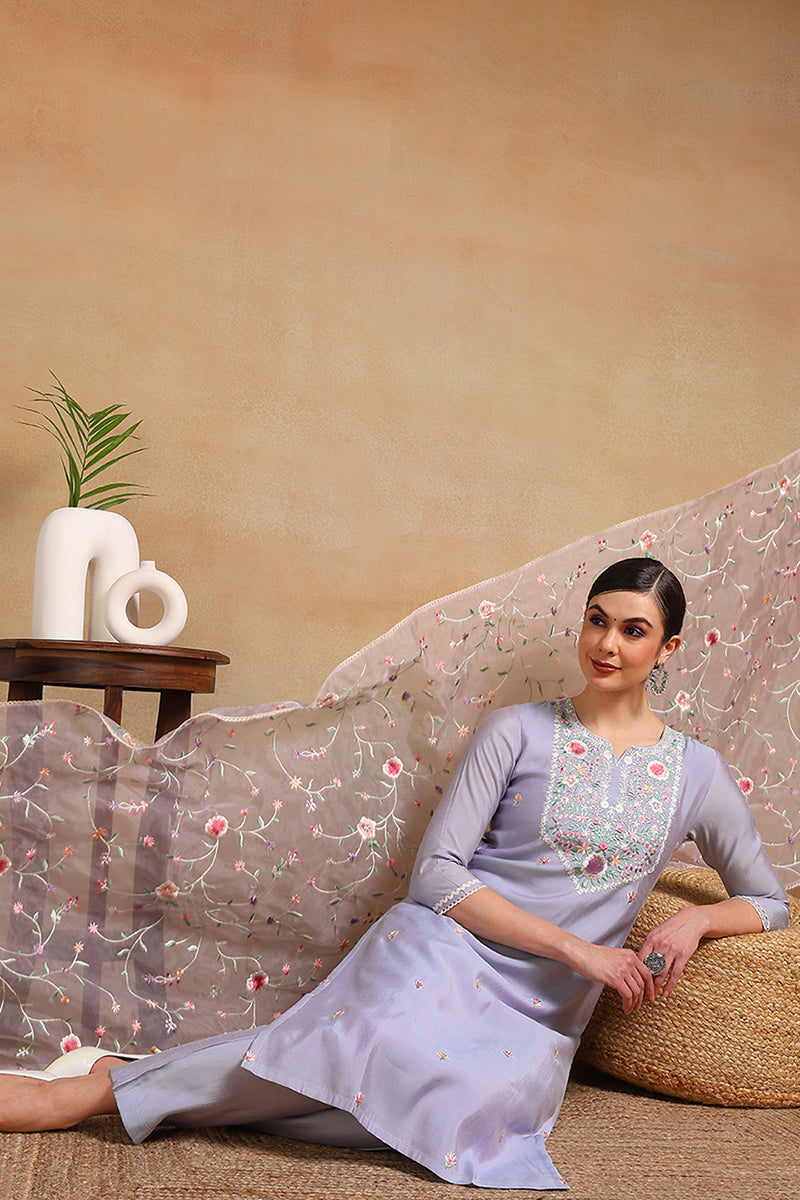 Purple Silk Blend Solid Embroidered Straight Regular Suit Set | SHOBITAM