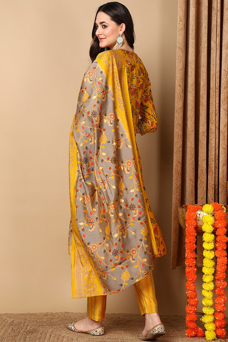 Yellow Silk Blend Floral Printed Straight Style Suit Set | SHOBITAM