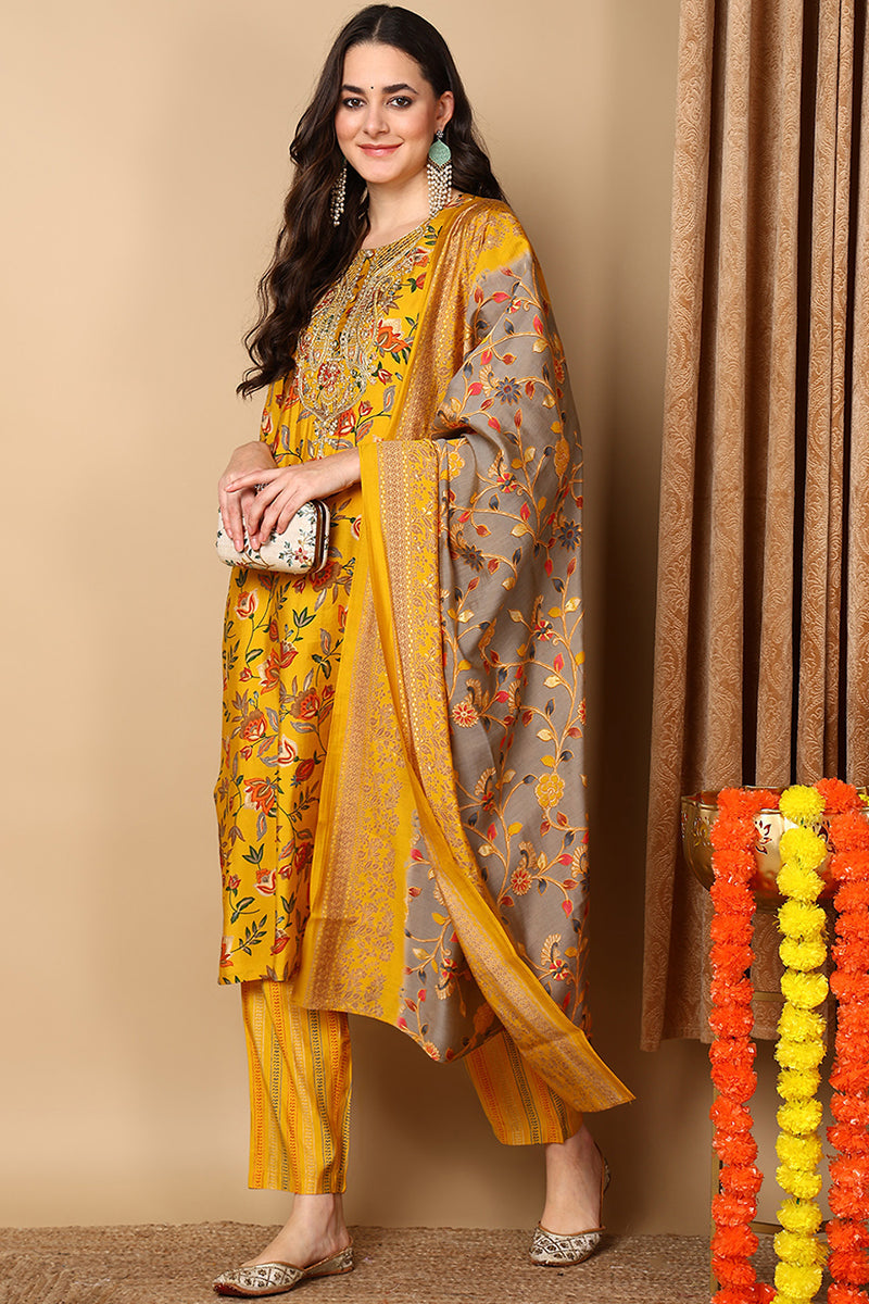 Yellow Silk Blend Floral Printed Straight Style Suit Set | SHOBITAM