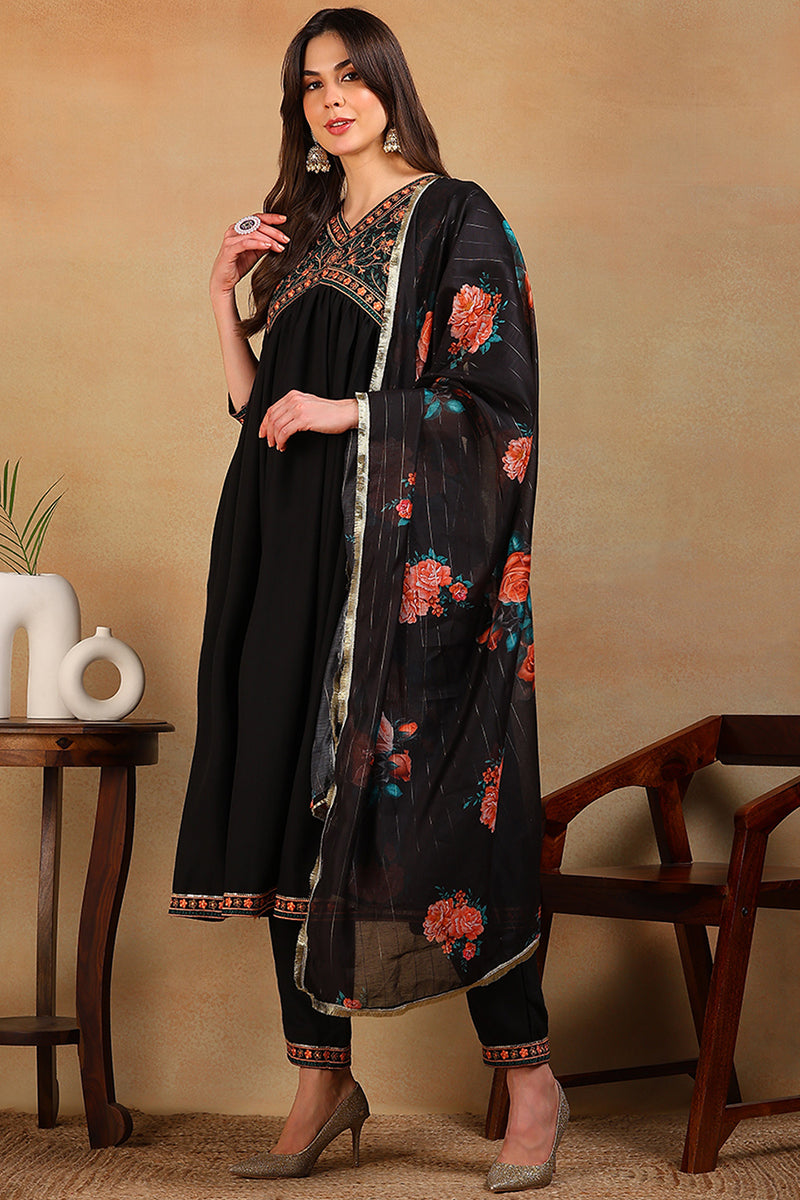Black Silk Blend Solid Embroidered Flared Empire Suit Set | SHOBITAM