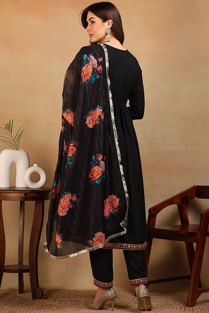 Black Silk Blend Solid Embroidered Flared Empire Suit Set | SHOBITAM