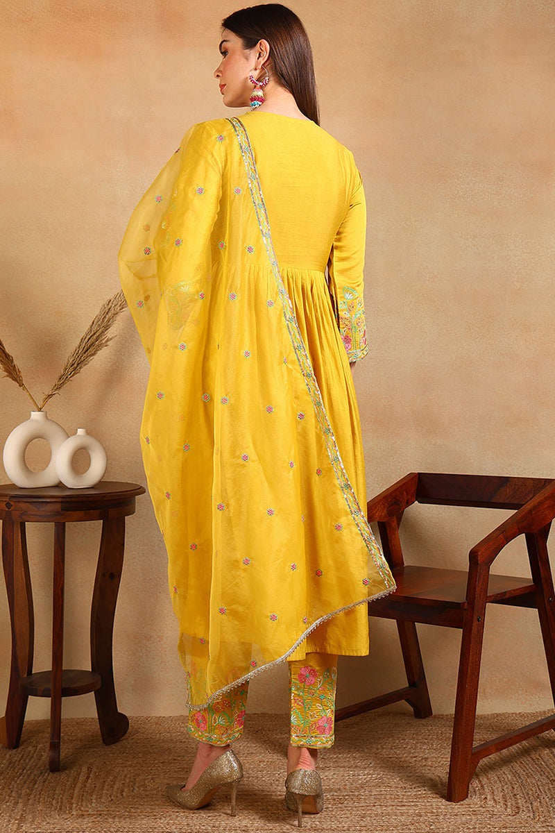 Yellow Silk Blend Embroidered Anarkali Suit Set | SHOBITAM