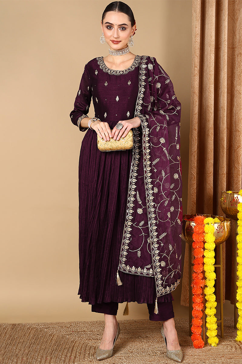 Magenta Silk Blend Embroidered Anarkali Suit Set |shobitam
