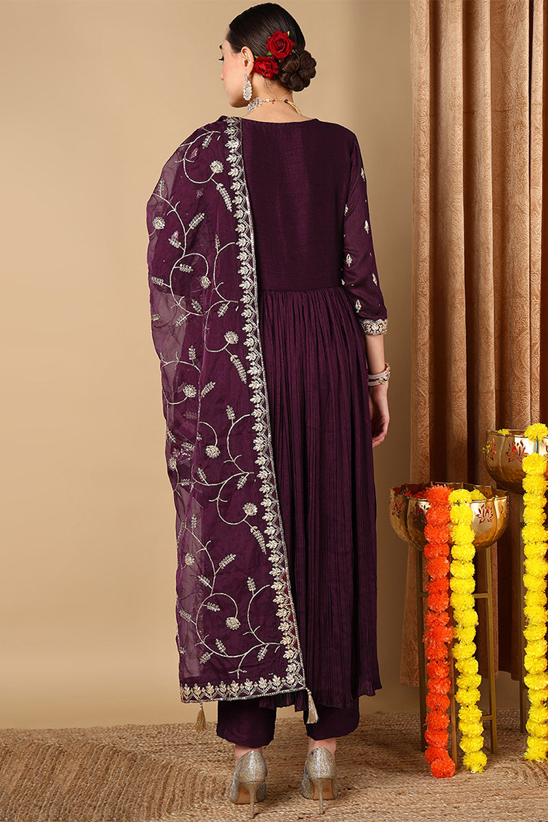 Magenta Silk Blend Embroidered Anarkali Suit Set |shobitam