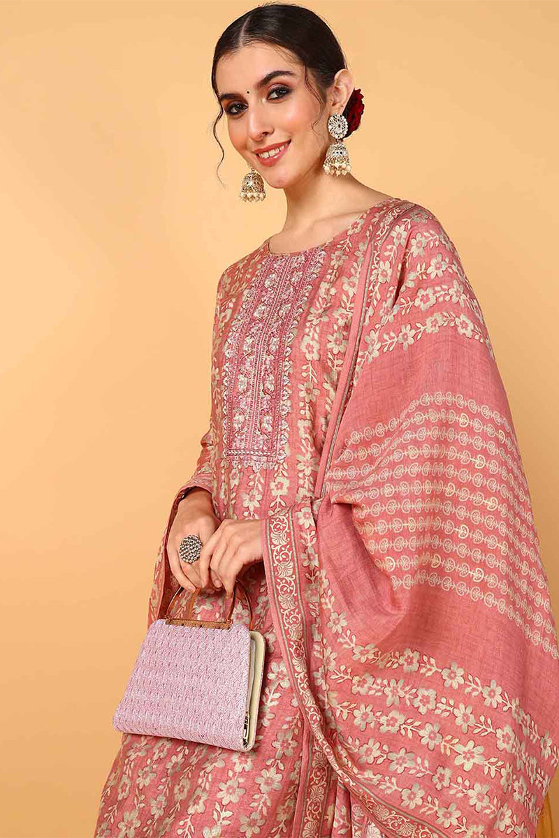 Pink Silk Blend Floral Printed Straight Style Suit Set | SHOBITAM