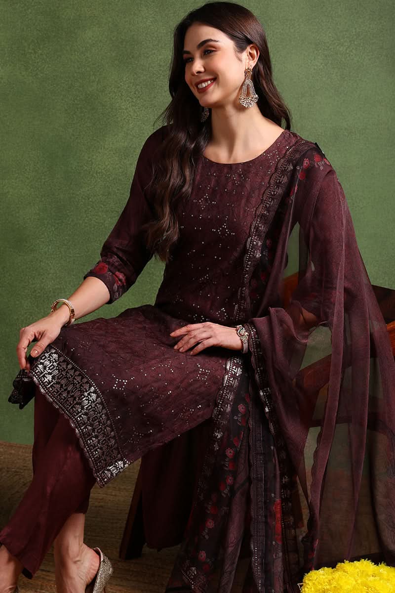 Brown Organza Ethnic Motifs Embroidered Straight Suit Set | SHOBITAM