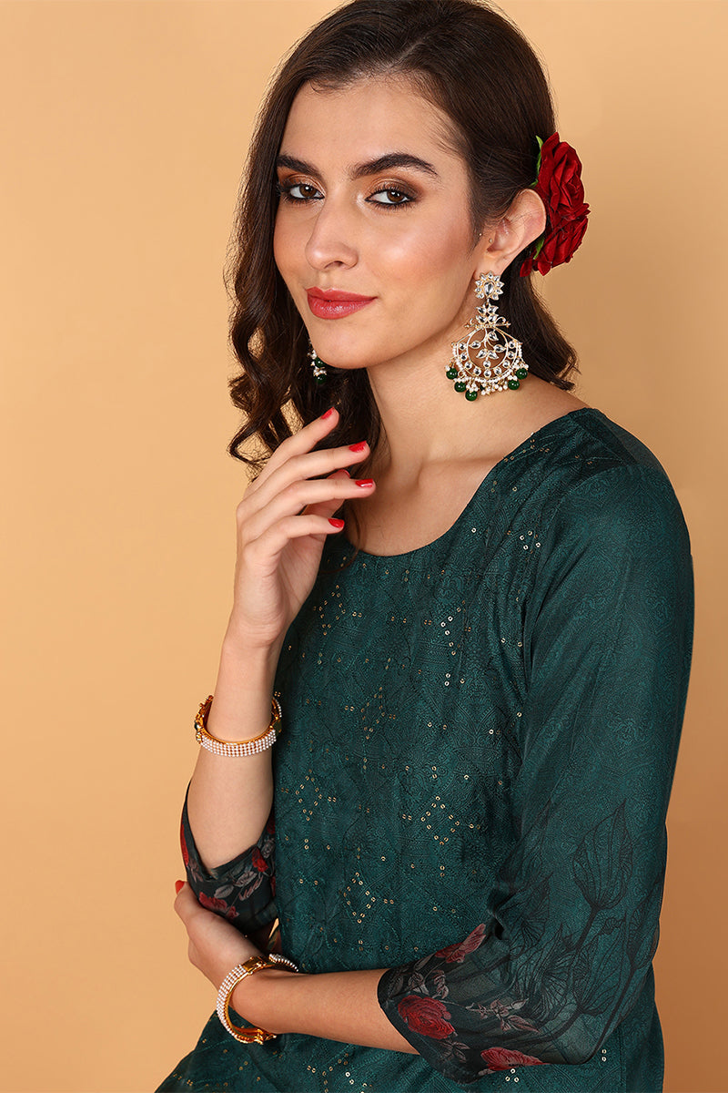 Green Organza Floral Embroidered Straight Suit Set | SHOBITAM