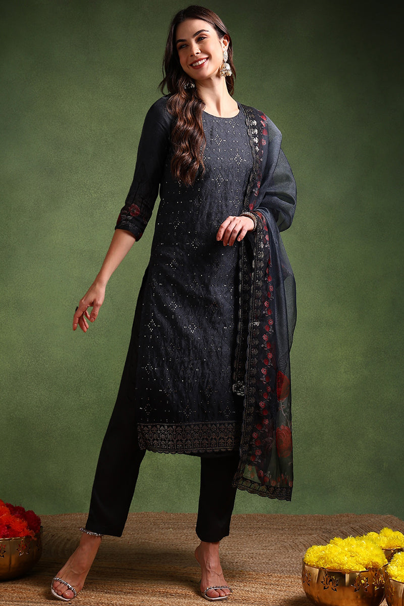 Black Organza Floral Embroidered Straight Suit Set | SHOBITAM