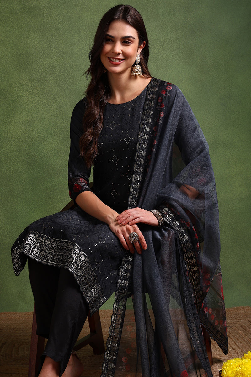 Black Organza Floral Embroidered Straight Suit Set | SHOBITAM