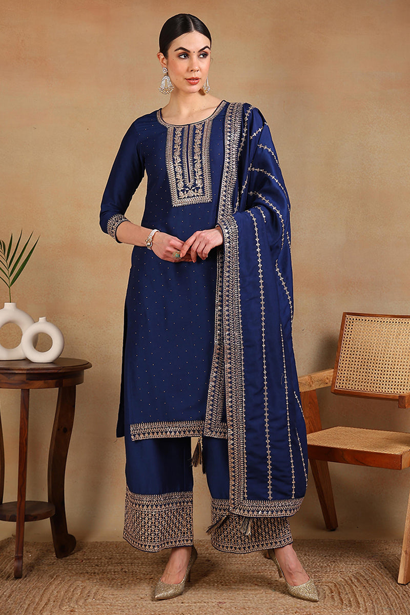 Blue Silk Blend Solid Yoke Design Straight Suit Set | SHOBITAM
