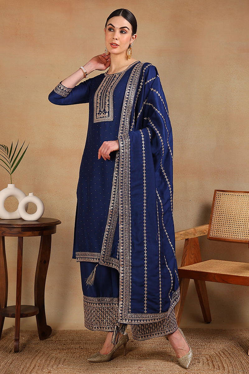 Blue Silk Blend Solid Yoke Design Straight Suit Set | SHOBITAM