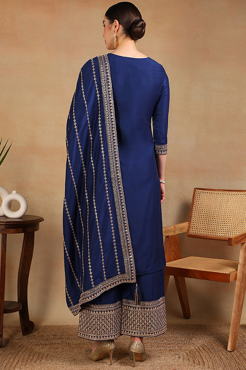 Blue Silk Blend Solid Yoke Design Straight Suit Set | SHOBITAM
