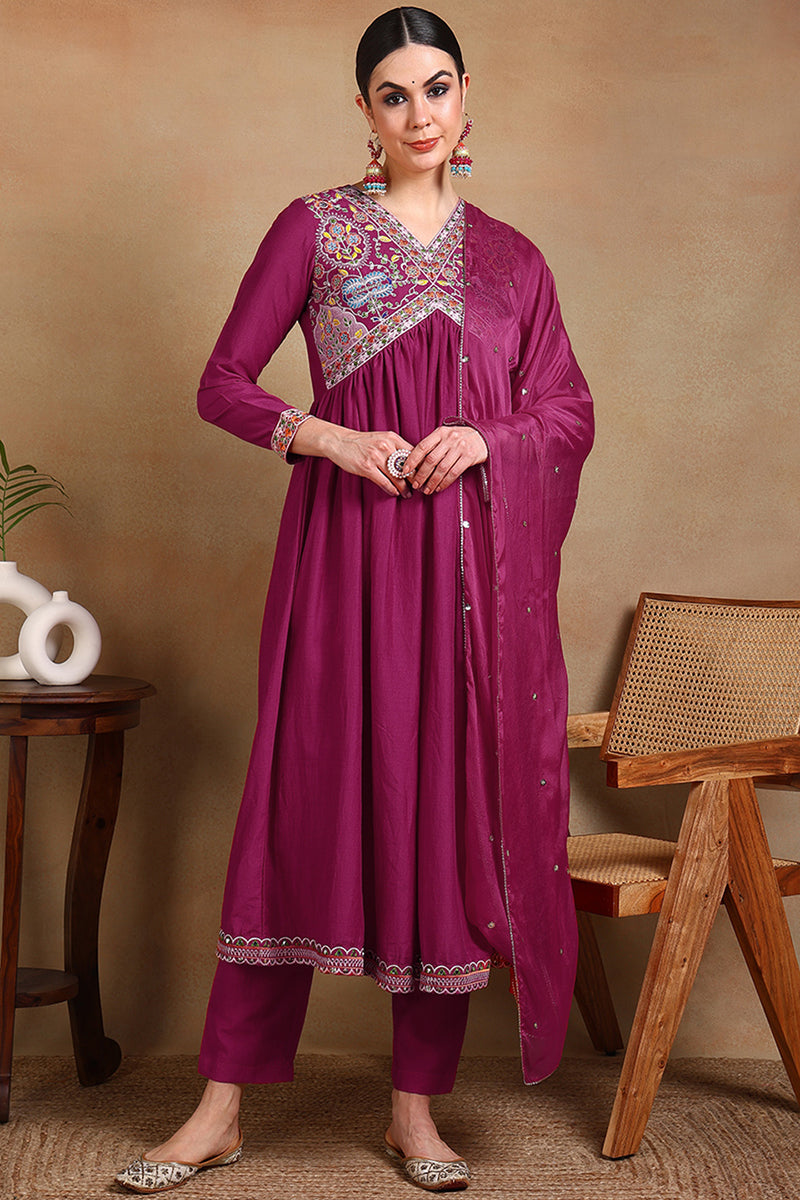 Magenta Pink Silk Blend Embroidered Anarkali Suit Set | SHOBITAM