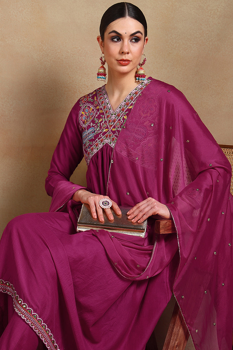 Magenta Pink Silk Blend Embroidered Anarkali Suit Set | SHOBITAM