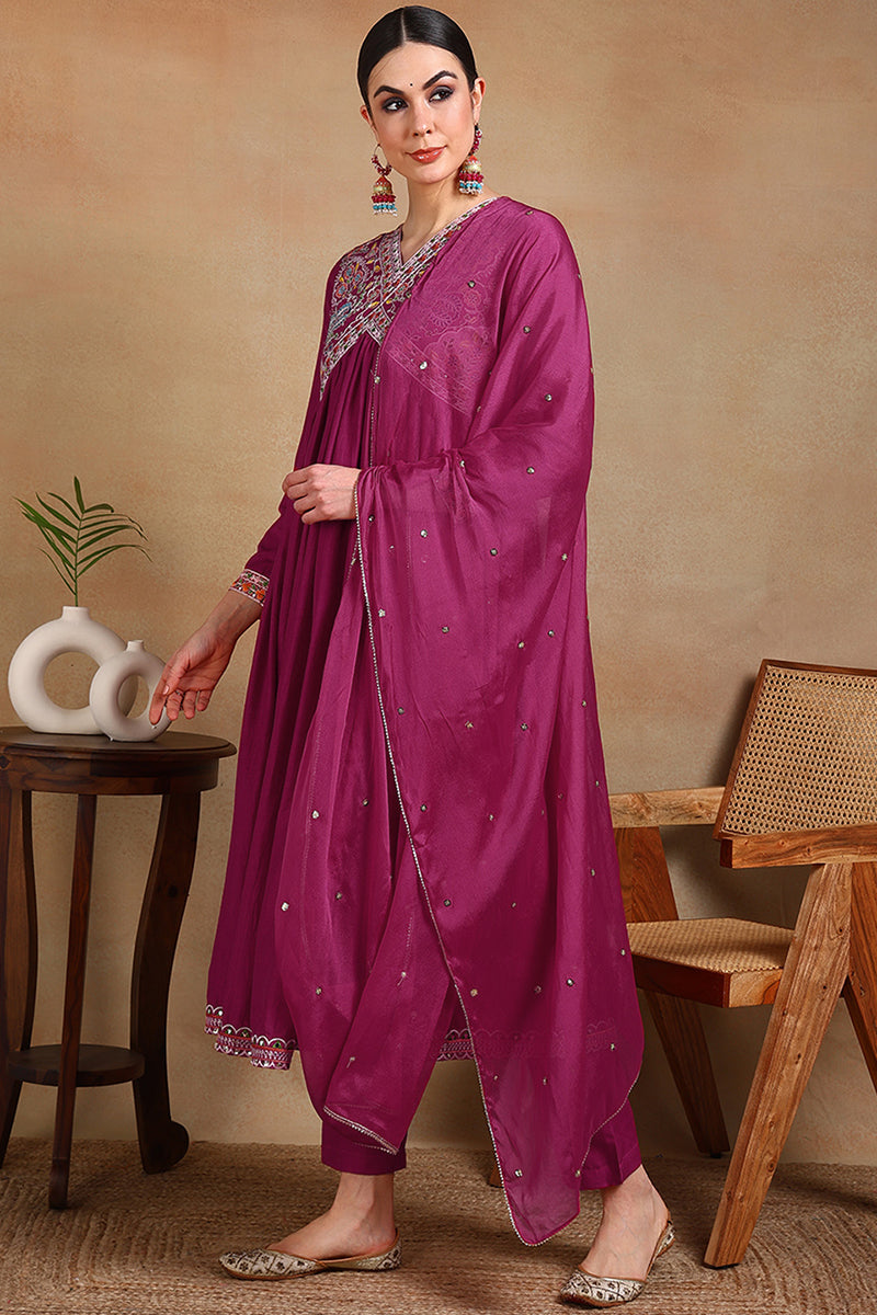 Magenta Pink Silk Blend Embroidered Anarkali Suit Set | SHOBITAM