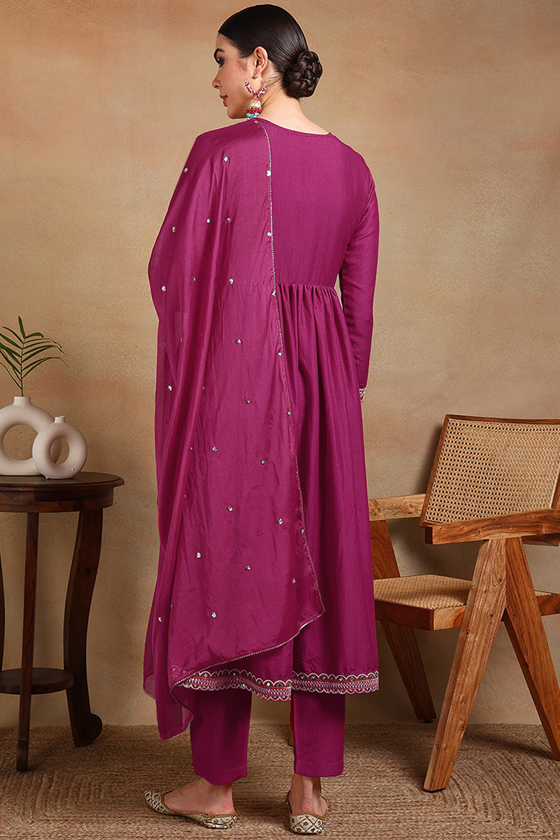 Magenta Pink Silk Blend Embroidered Anarkali Suit Set | SHOBITAM