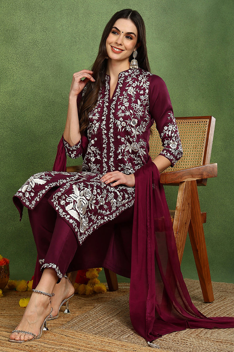 Purple Silk Blend Solid Embroidered Straight Suit Set | SHOBITAM