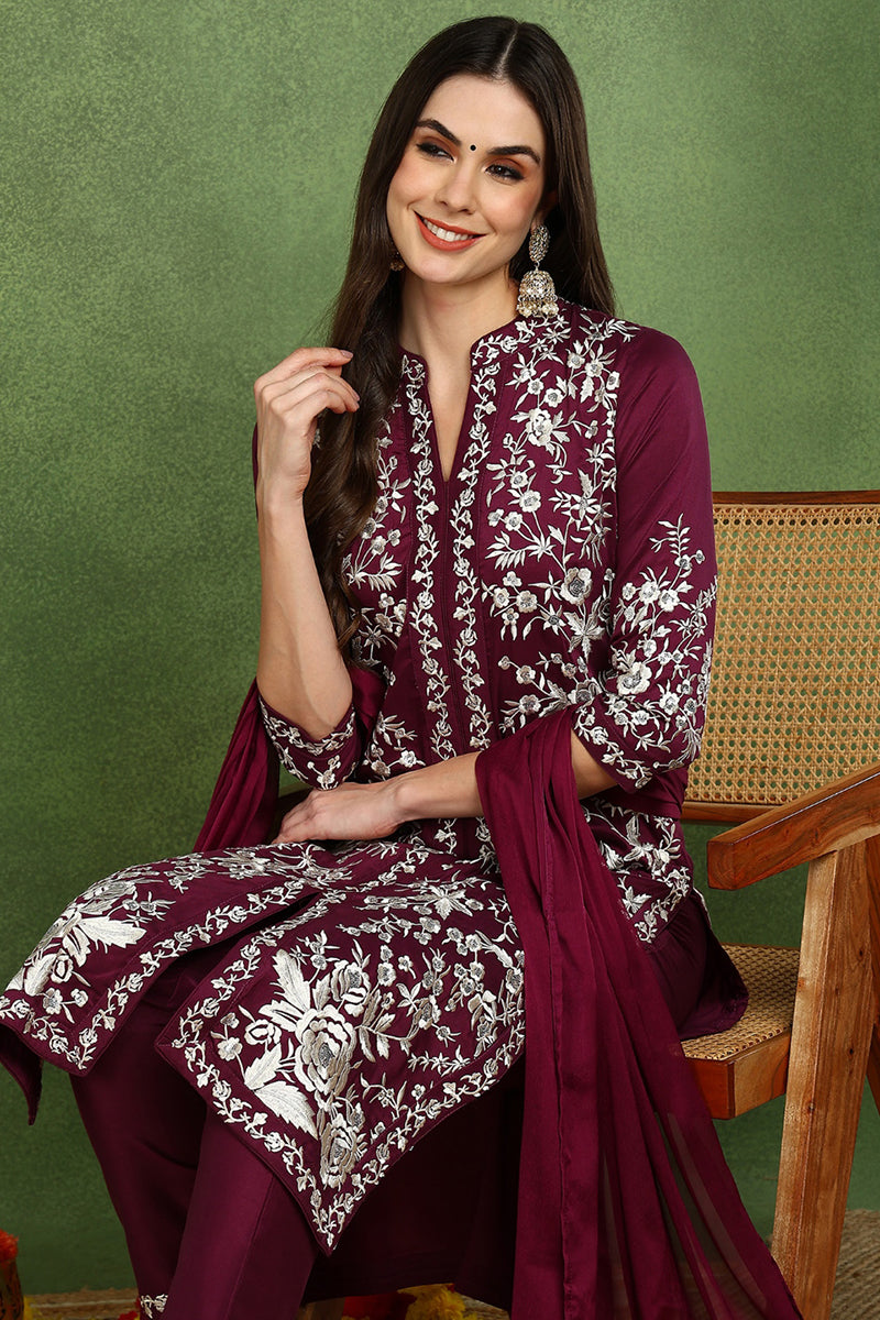 Purple Silk Blend Solid Embroidered Straight Suit Set | SHOBITAM