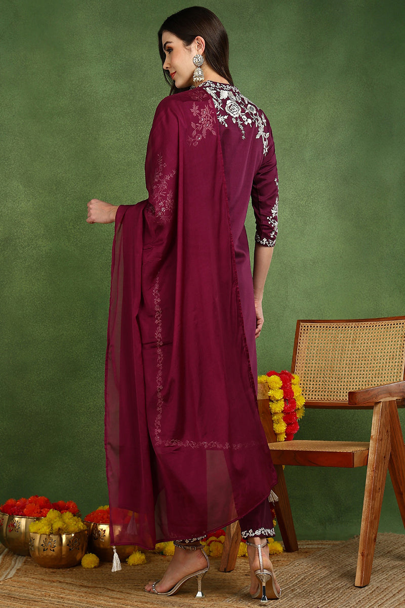 Purple Silk Blend Solid Embroidered Straight Suit Set | SHOBITAM