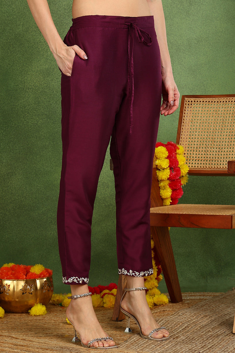 Purple Silk Blend Solid Embroidered Straight Suit Set | SHOBITAM