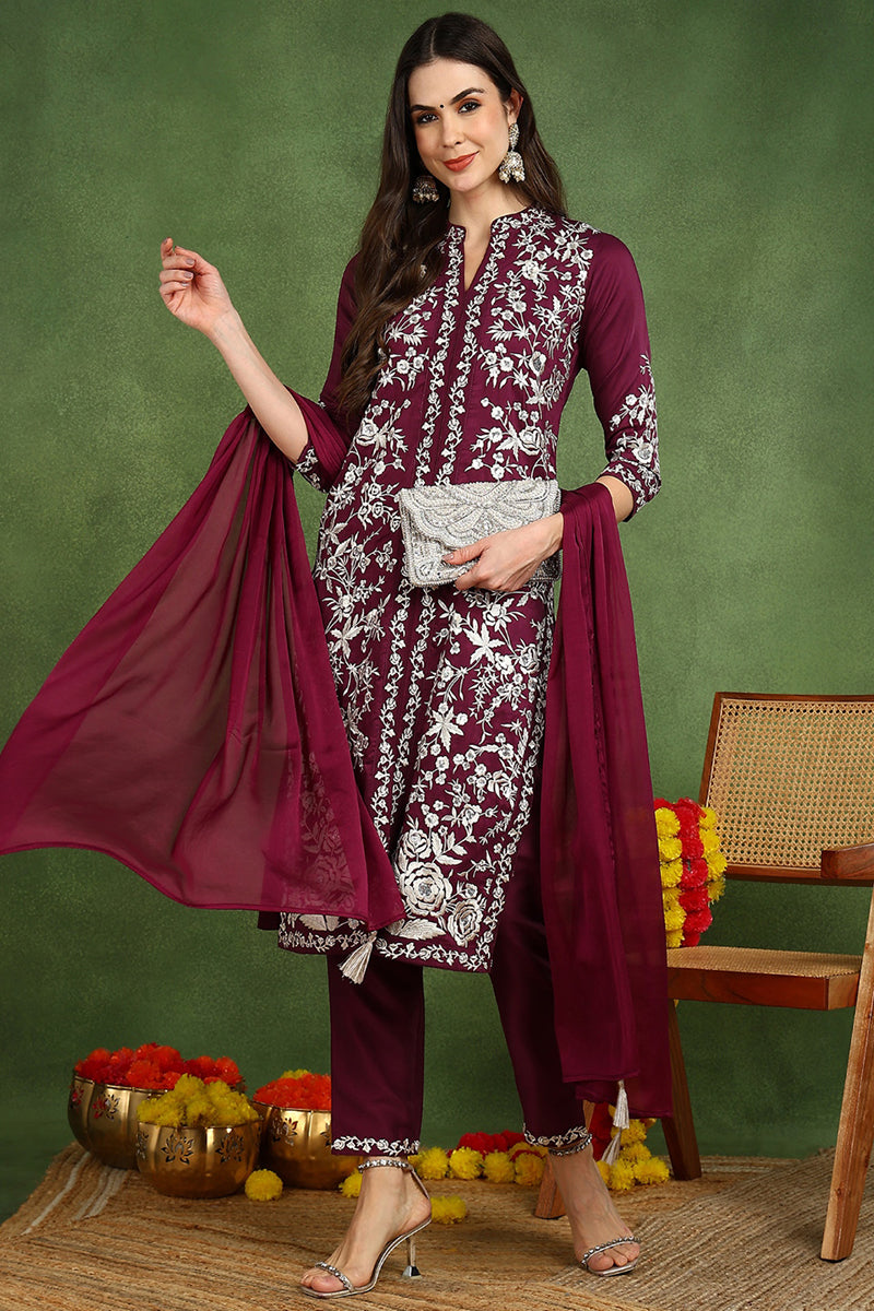 Purple Silk Blend Solid Embroidered Straight Suit Set | SHOBITAM