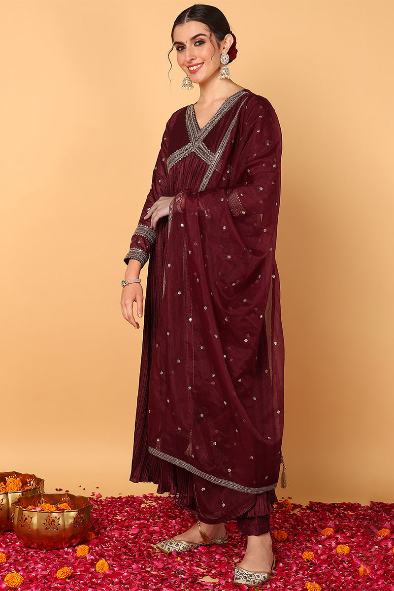 Plus Size Maroon Silk Blend Solid Embroidered Flared Suit Set |shobitam