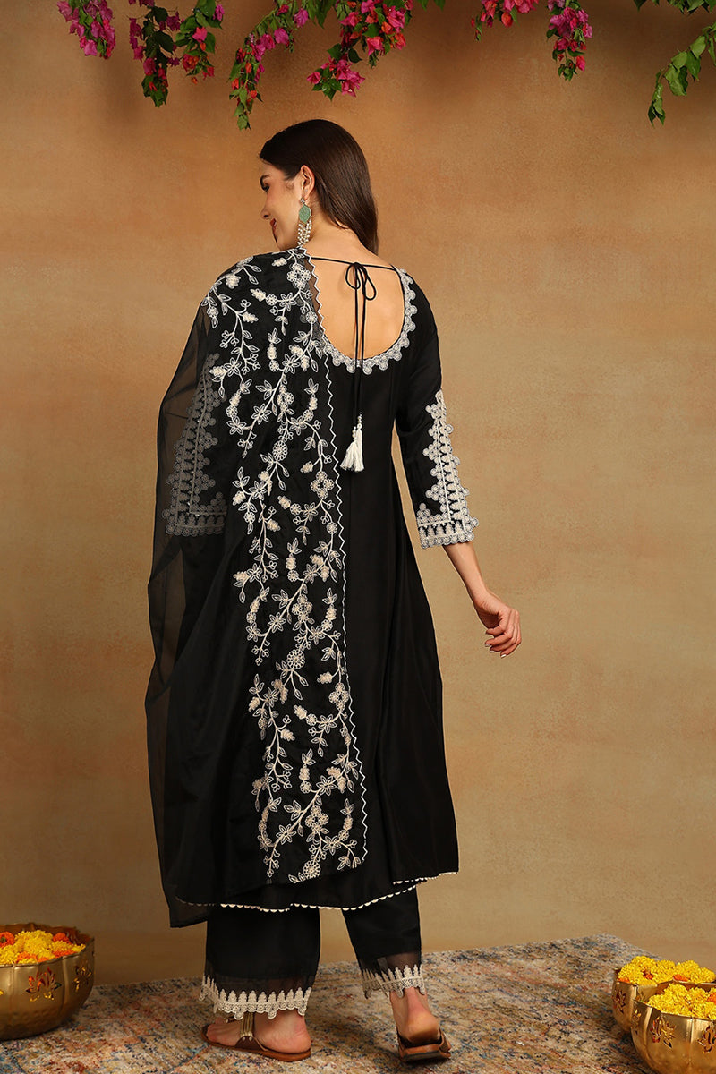 Black Silk Blend Solid Embroidered Flared Suit Set | SHOBITAM
