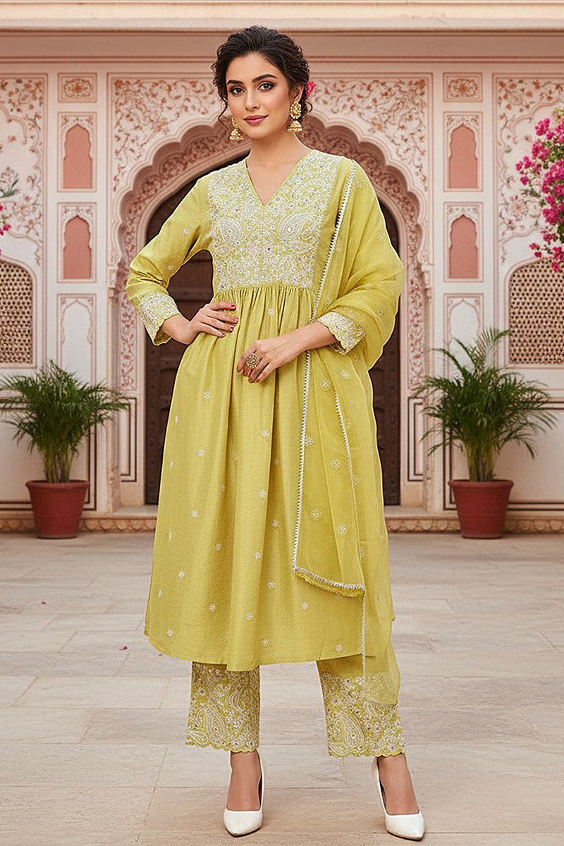 Yellow Silk Blend Solid Yoke Design Flared Style Suit Set | SHOBITAM