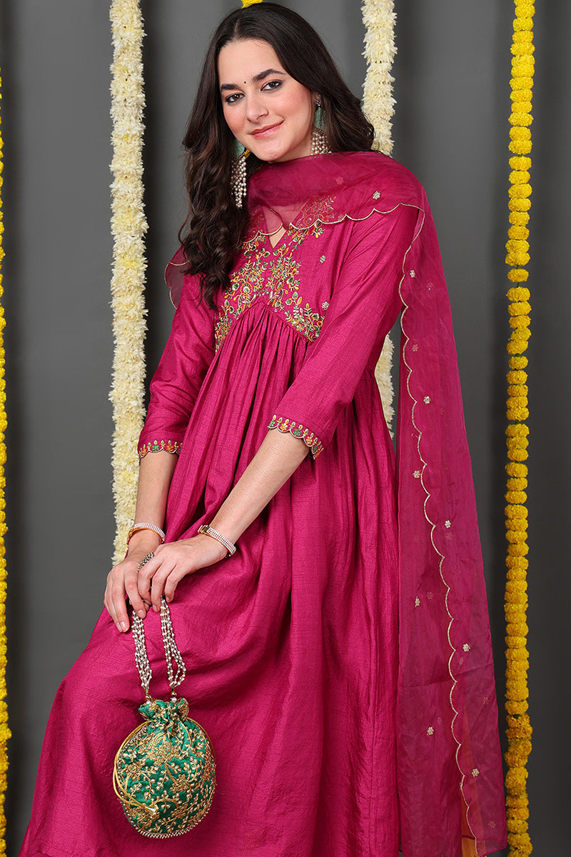 Pink Silk Blend Solid Embroidered Flared Suit Set | SHOBITAM