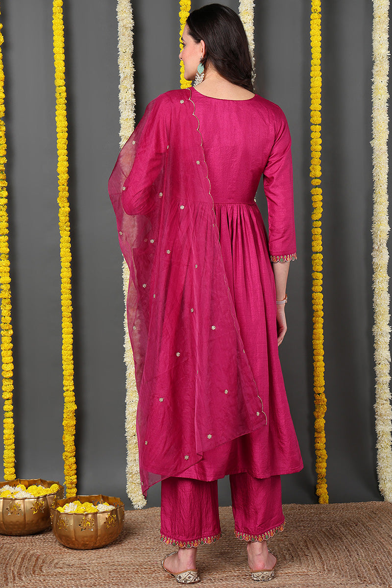 Pink Silk Blend Solid Embroidered Flared Suit Set | SHOBITAM