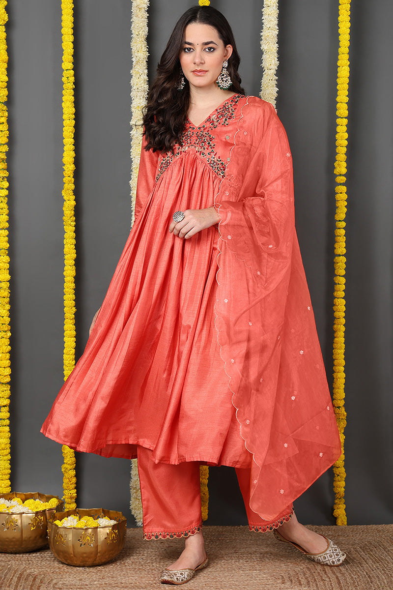 Orange Silk Blend Solid Embroidered Flared Suit Set | SHOBITAM