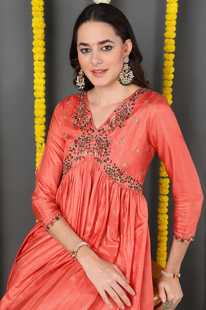 Orange Silk Blend Solid Embroidered Flared Suit Set | SHOBITAM