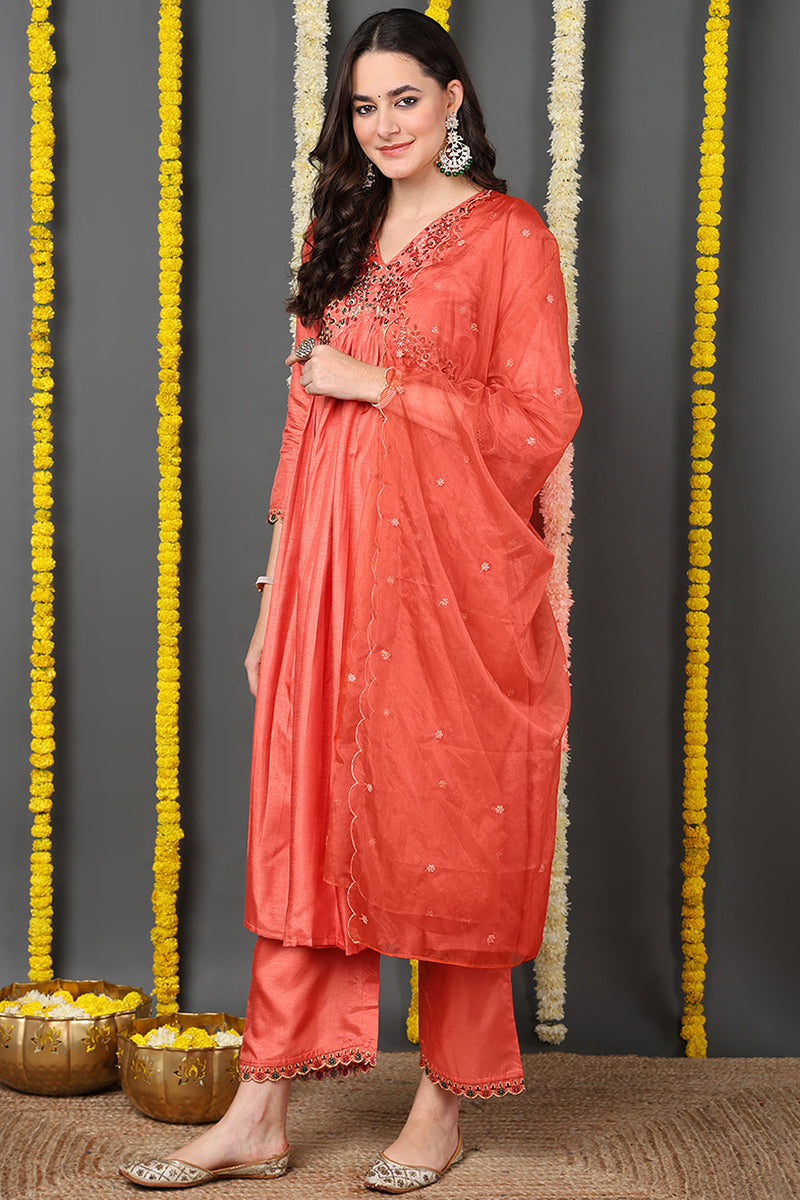 Orange Silk Blend Solid Embroidered Flared Suit Set | SHOBITAM