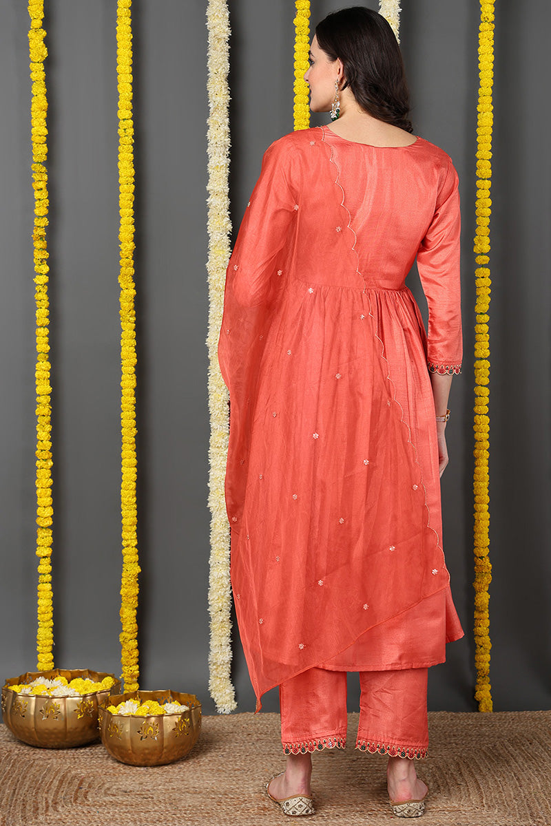 Orange Silk Blend Solid Embroidered Flared Suit Set | SHOBITAM