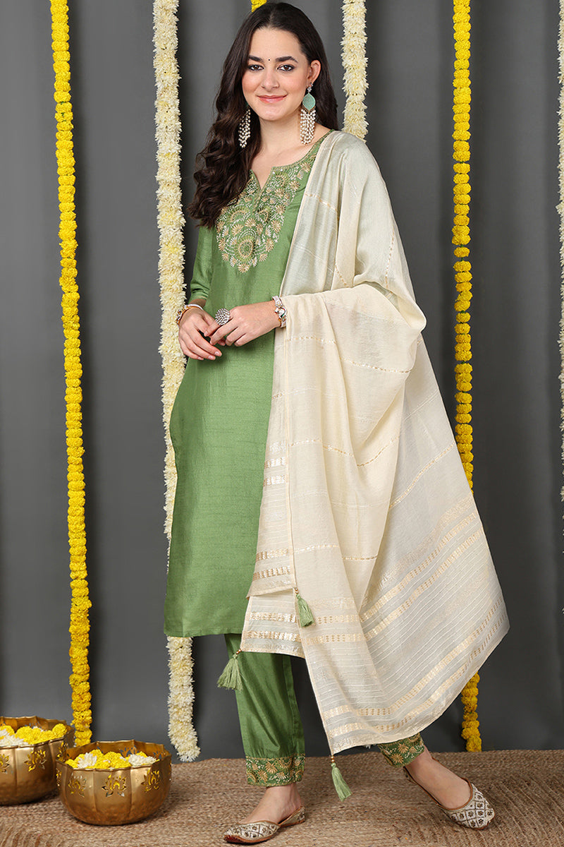 Green Silk Blend Solid Embroidered Straight Suit Set | SHOBITAM