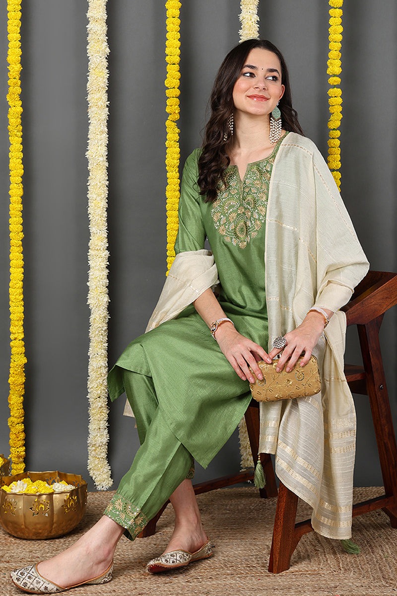 Green Silk Blend Solid Embroidered Straight Suit Set | SHOBITAM