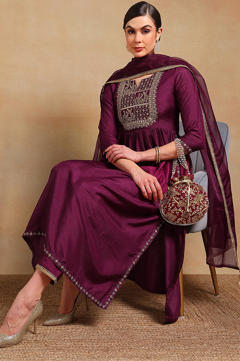 Purple Silk Blend Solid Yoke Design Flared Empire Suit Set | SHOBITAM