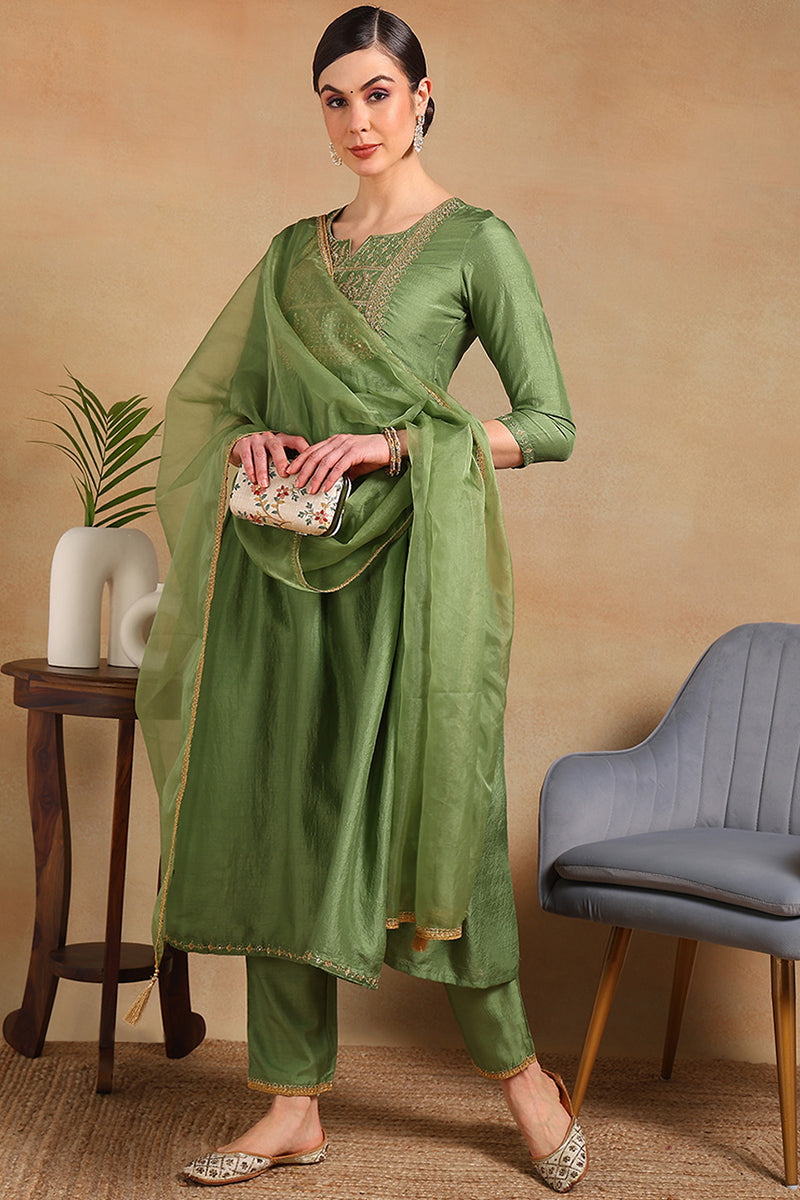 Green Silk Blend Solid Yoke Design Flared Empire Suit Set | SHOBITAM