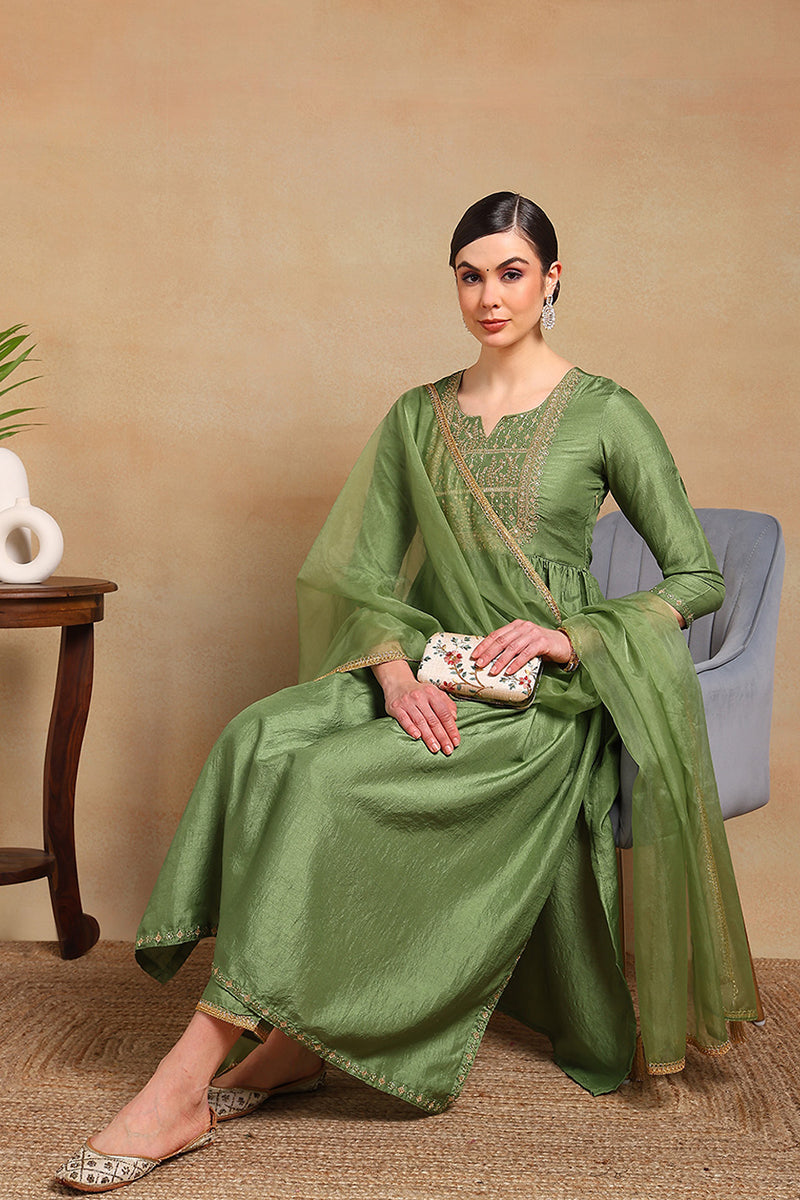 Green Silk Blend Solid Yoke Design Flared Empire Suit Set | SHOBITAM