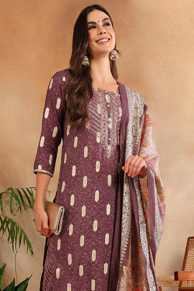 Mauve Silk Blend Ethnic Motifs Embroidered Straight Suit Set | SHOBITAM
