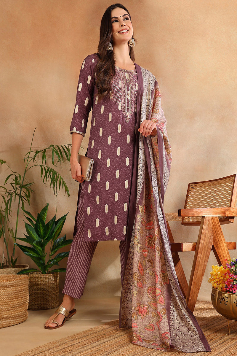 Mauve Silk Blend Ethnic Motifs Embroidered Straight Suit Set | SHOBITAM