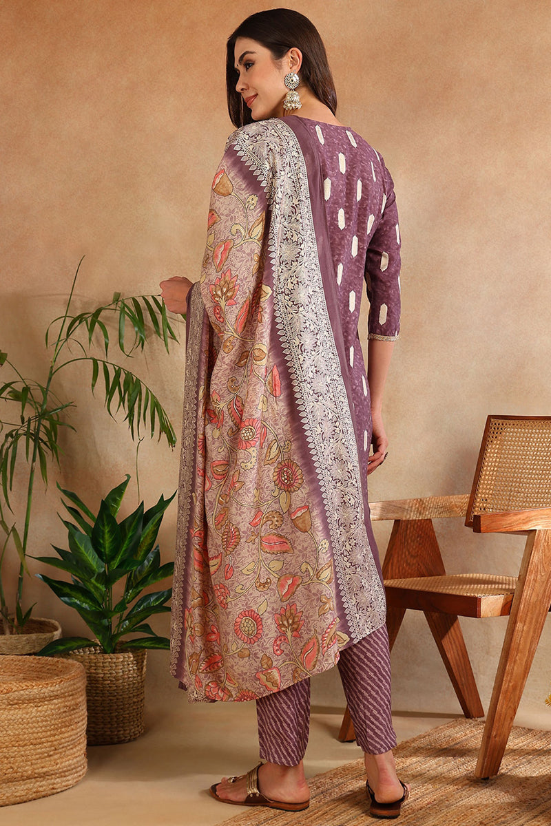 Mauve Silk Blend Ethnic Motifs Embroidered Straight Suit Set | SHOBITAM