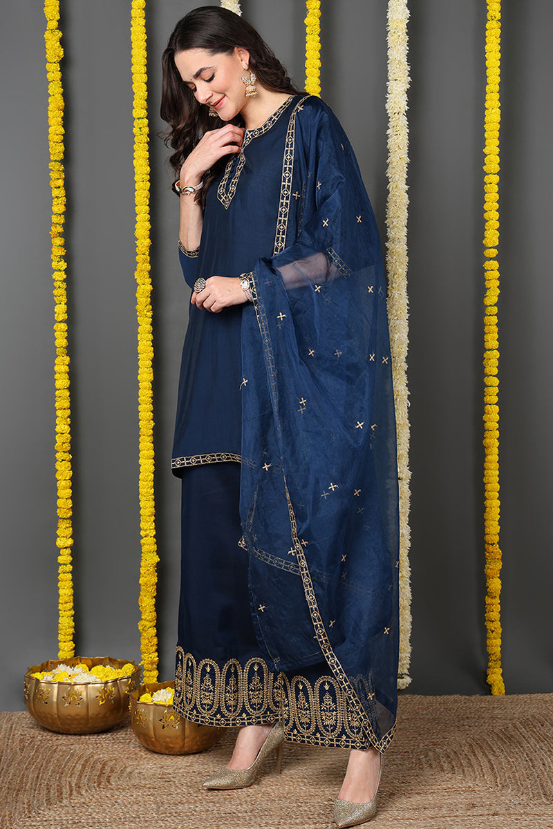 Blue Silk Blend Solid Embroidered Straight Suit Set | SHOBITAM